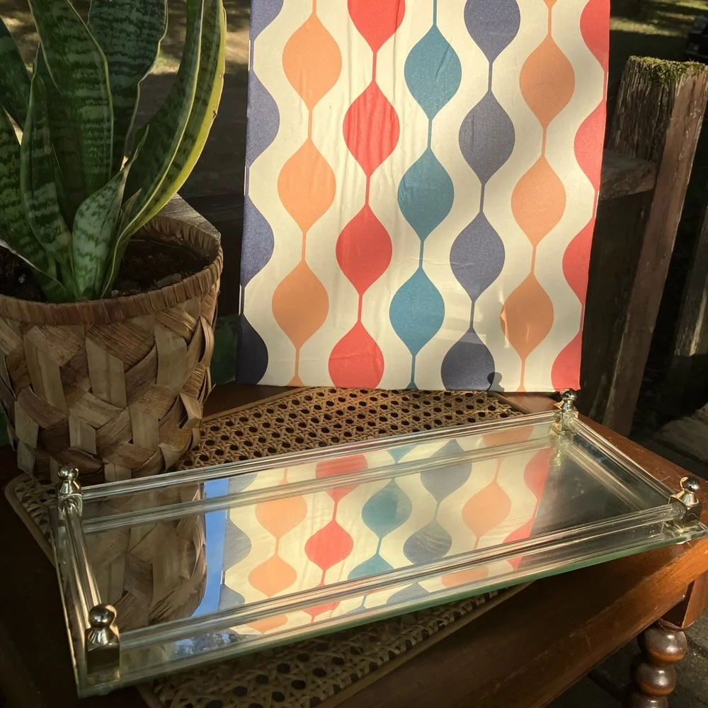 Vintage Rectangular Glass Mirror Vanity Tray with Brass Accents